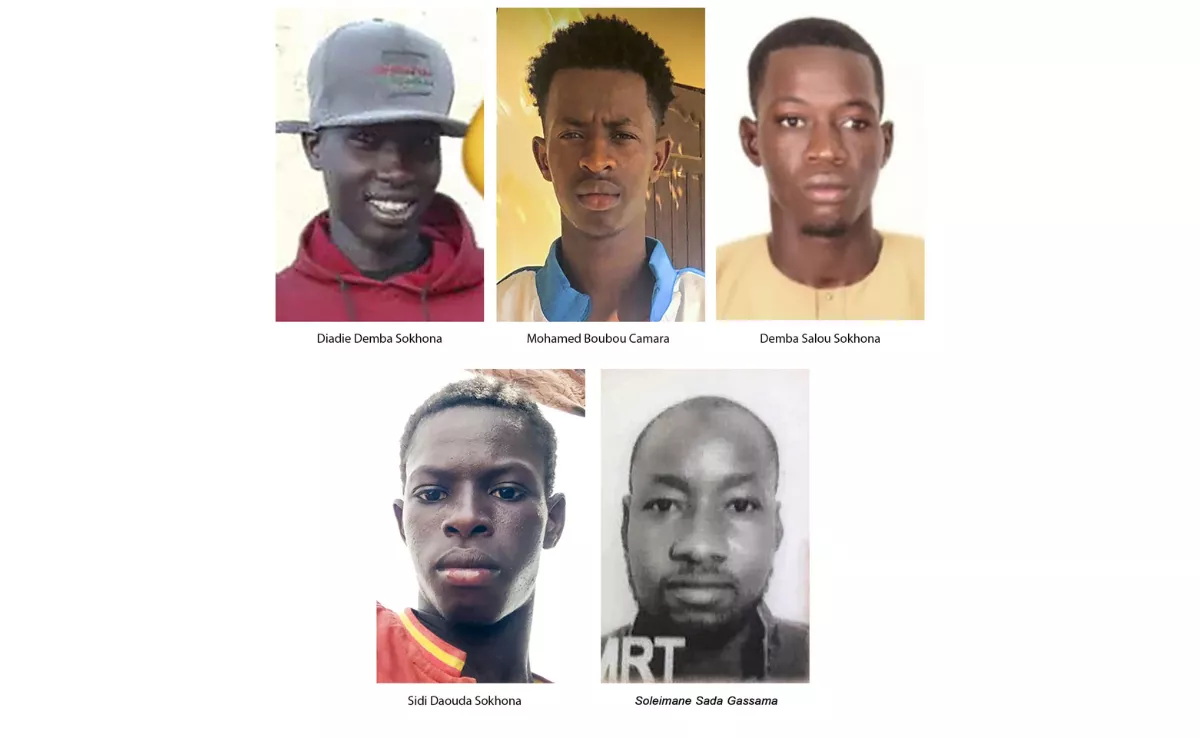 Partieron desde Nuadibú hacia El Hierro Sidi Daouda Sokhona, Hademou Boubou Sokhona, Demba Salou Sokhona, Diadie Demba Sokhona y Mohamed Boubou Camara. / EFE - POLICÍA FEDERAL DE BRASIL