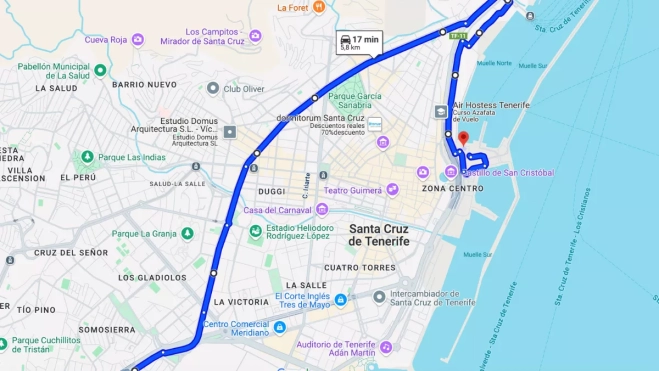 Captura de la ruta para entrar y salir del muelle durante el Día de las Fuerzas Armadas en Santa Cruz de Tenerife / GOOGLE MAPS Captura de la ruta para entrar y salir del muelle durante el Día de las Fuerzas Armadas en Santa Cruz de Tenerife / GOOGLE MAPS