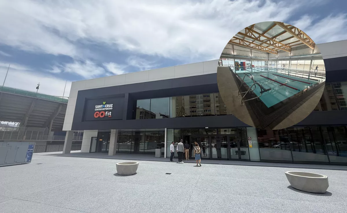 Exterior del Go fit en Santa Cruz de Tenerife junto a la imagen de la piscina. / ATLÁNTICO HOY - ALBA MARICHAL