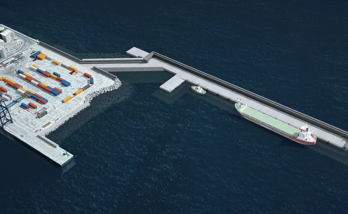 Proyección del nuevo dique del puerto de Puerto del Rosario que construirá OHLA-Salto por 40,6 millones de euros./ CEDIDA