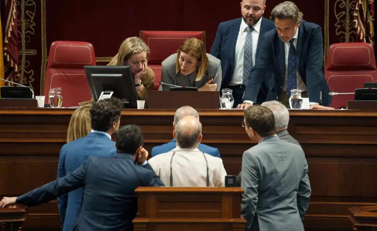 La presidenta del Parlamento de Canarias, Astríd Pérez, conversa con los portavoces de los grupos parlamentarios durante un pleno del Parlamento / EFE - RAMÓN DE LA ROCHA