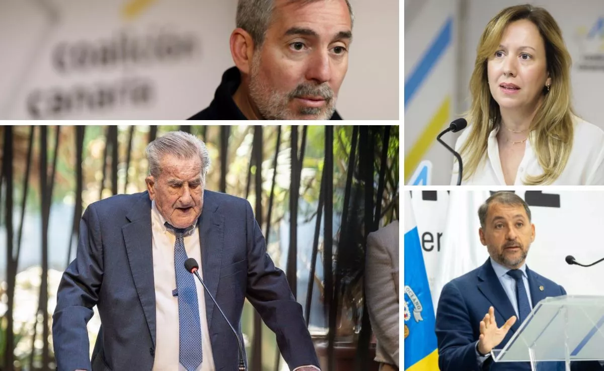 Arriba, Fernando Clavijo, Presidente de Canarias; arriba a la derecha Rosa Dávila, Presidenta del Cabildo de Tenerife; a la derecha José Manuel Bermúdez, alcalde de Santa Cruz, franquean a Manuel Hermoso / AH