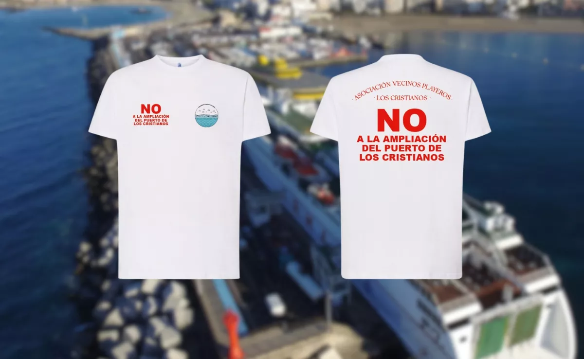 Camisetas diseñadas por Vecinos Playeros contra la ampliación del puerto de Los Cristianos./ MONTAJE AH