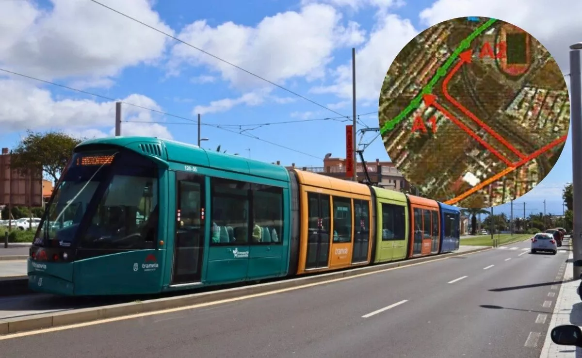 El tranvía de Tenerife junto a la propuesta de trazado que hace el Frente Cívico. / MONTAJE-AH