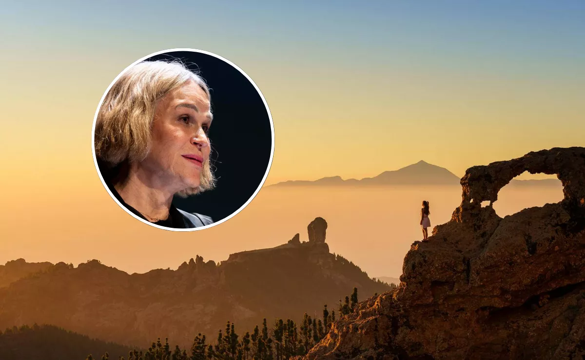 Imagen de Antonia San Juan sobre un fondo del Roque Nublo, en Gran Canaria / MONTAJE AH 