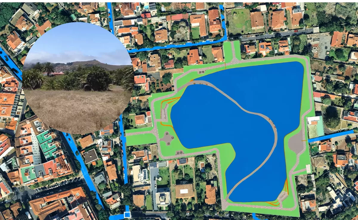 Infografía y zona donde se ubicará el humedal de La Laguna. / AYUNTAMIENTO DE LA LAGUNA - MONTAJE AH