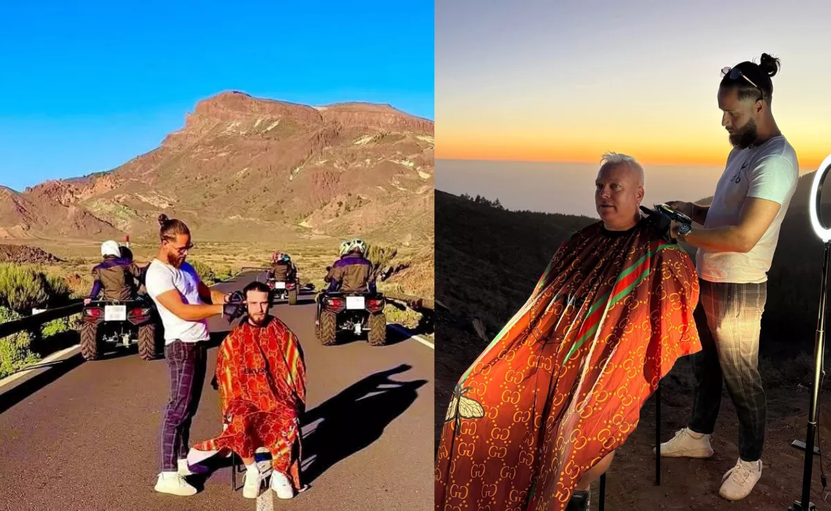 Un barbero belga corta a sus clientes el pelo en el Parque Nacional del Teide./ BELGIUM BARBER