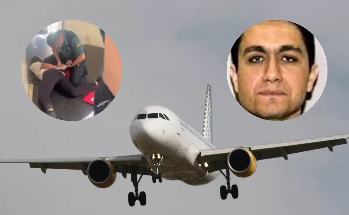 Un guardia civil deteniendo a la monitora del grupo de adolescentes judíos de Valencia y el terrorista del 11S Mohamed Atta, sobre un avión de Vueling./ MONTAJE AH