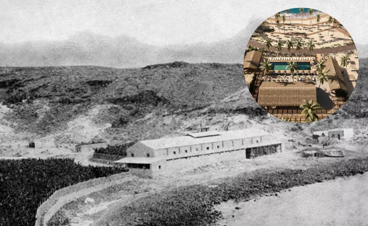 Imagen antigua del almacén que se usaba como empaquetadora y la ilustración del beach club de Cuna del alma. / CEDIDA-CUNA DEL ALMA