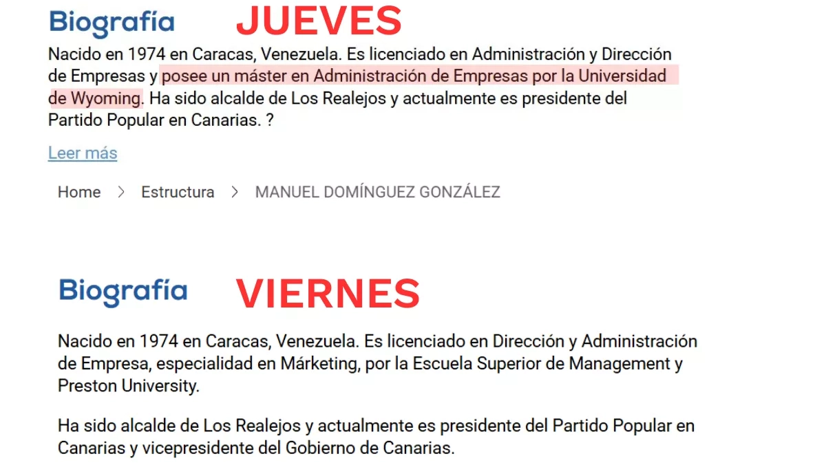 Comparativa del currículum del vicepresidente canario Manuel Domínguez en la web del Partido Popular entre el jueves 24 de julio y el viernes 25, en el que se ha eliminado un máster./ AH Comparativa del currículum del vicepresidente canario Manuel Domínguez en la web del Partido Popular entre el jueves 24 de julio y el viernes 25, en el que se ha eliminado un máster./ AH