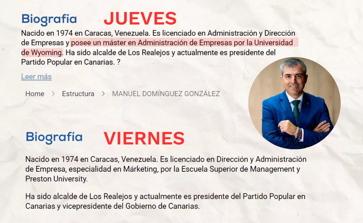Comparativa del currículum del vicepresidente canario Manuel Domínguez en la web del Partido Popular entre el jueves 24 de julio y el viernes 25, en el que se ha eliminado un máster./ AH