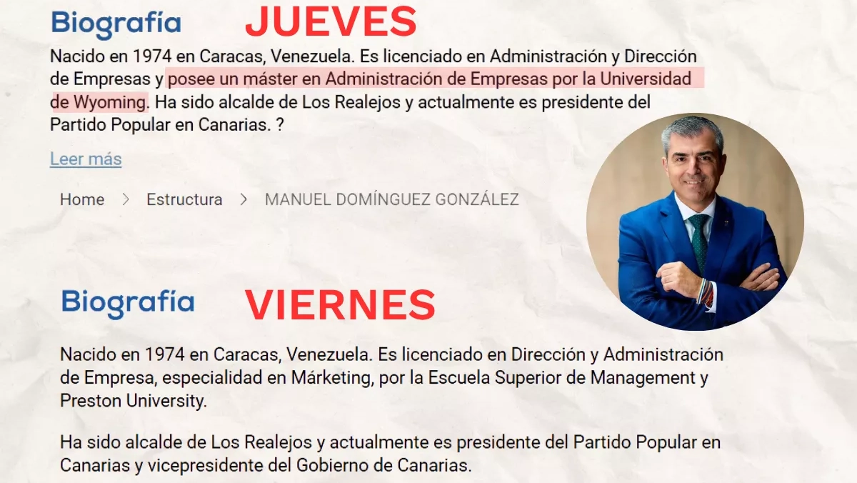 Comparativa del currículum del vicepresidente canario Manuel Domínguez en la web del Partido Popular entre el jueves 24 de julio y el viernes 25, en el que se ha eliminado un máster./ AH