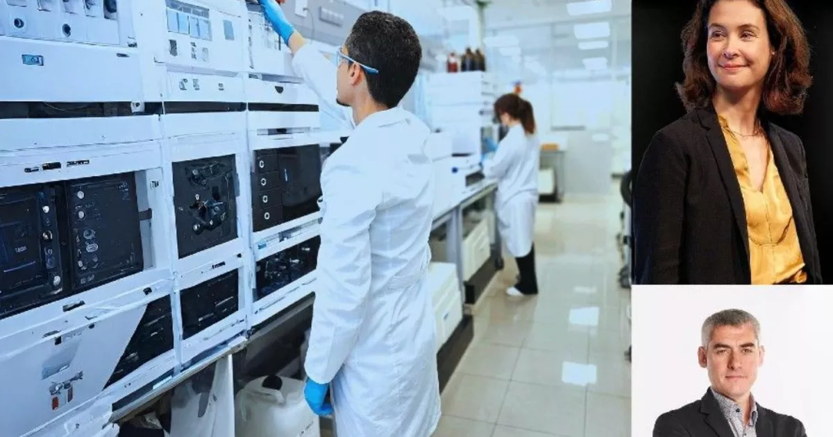 A la izquierda, laboratorios de Veolia en España, a la derecha, Estelle Brachlianoff y Daniel Tugues / SERVIMEDIA