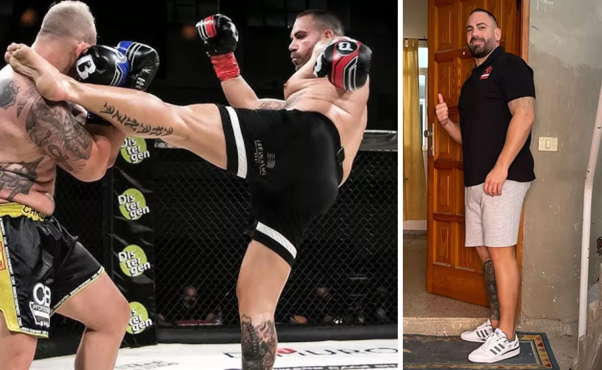 Moisés Baute, kikboxer detenido por homicidio en Tenerife. A la izquierda, en una pelea. A la derecha, con el polo de la empresa de desokupaciones Desokupa Ahora./ MONTAJE AH