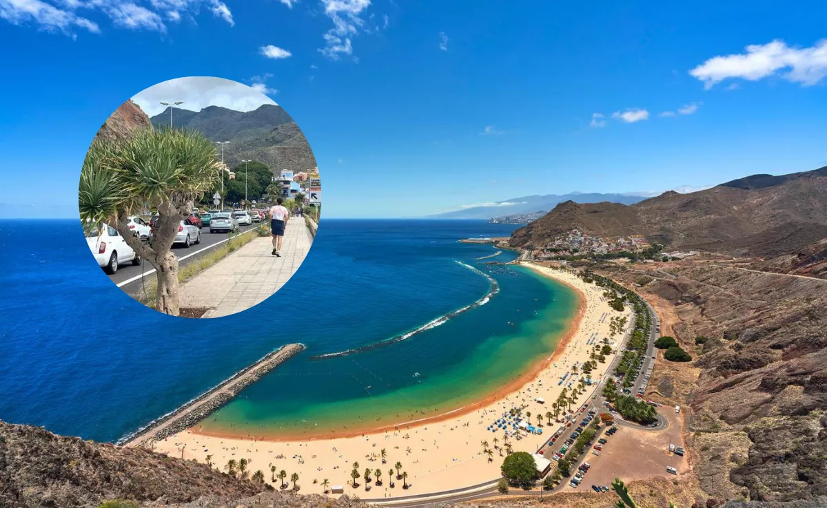 Imagen de la colas dirección a Las Teresitas junto a una foto de la playa. / MONTAJE AH