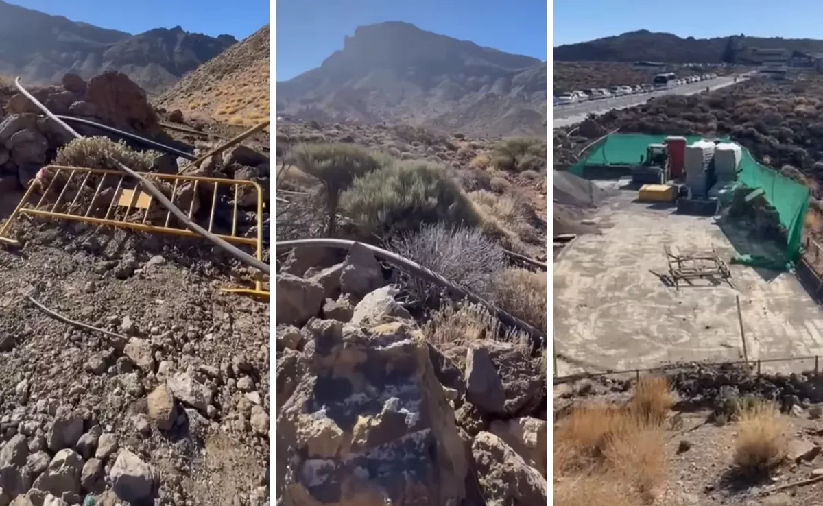 Diferentes fragmentos del vídeo compartido por ATAN sobre las obras en dos aparcamientos en el Teide. MONTAJE AH
