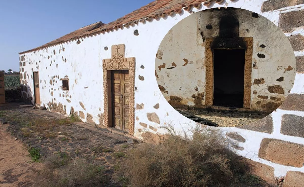 Puerta frontal de la ermita de la Capellanía antes y después del incendio|MONTAJEAH