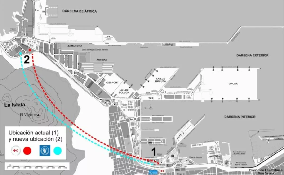 Infografía con el traslado de las naves de Cruz Roja y Programa Mundial de Alimentos al interior del Puerto de Las Palmas. / AH
