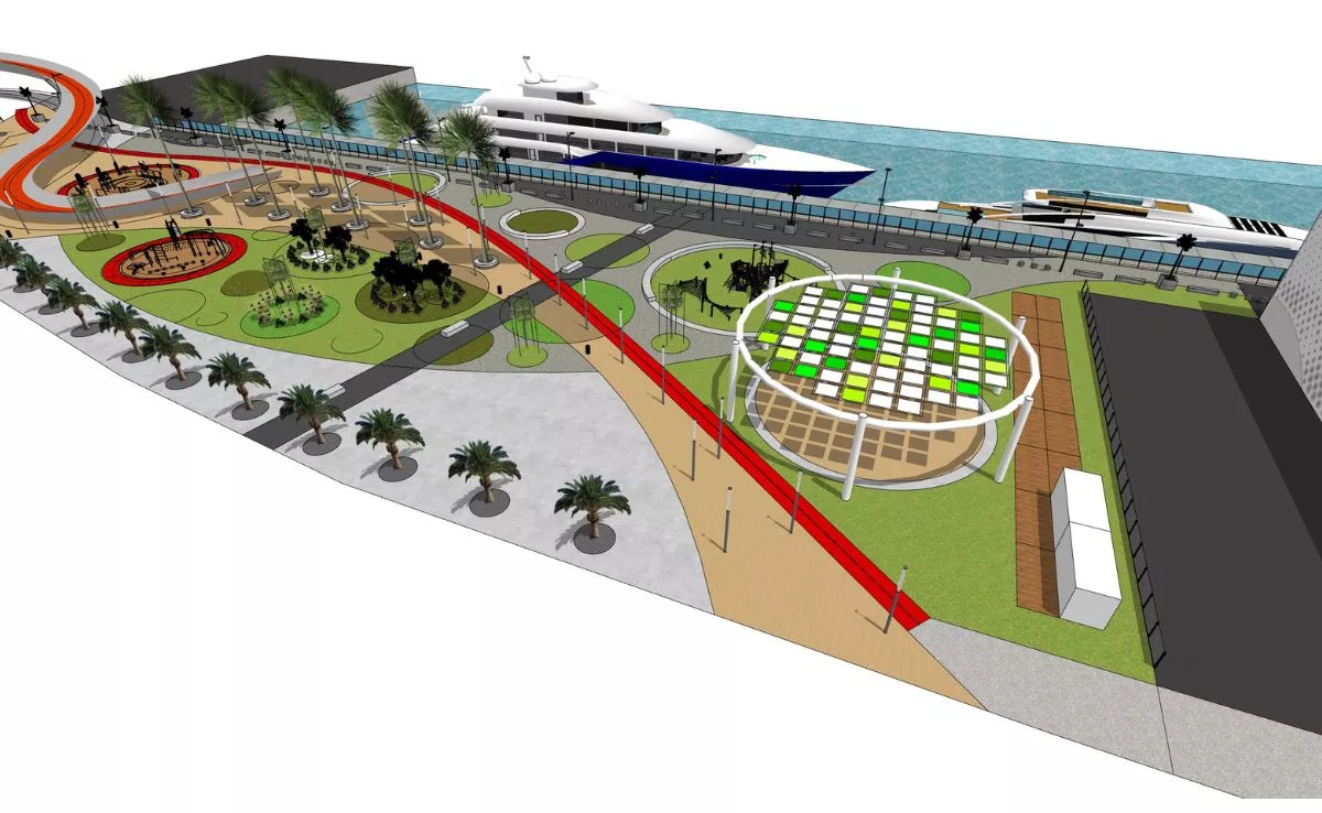 Infografía del diseño de la primera fase del Parque Urbano ‘Puerto de Las Palmas’, con zonas de ocio, deporte y áreas ajardinadas en el istmo de La Isleta