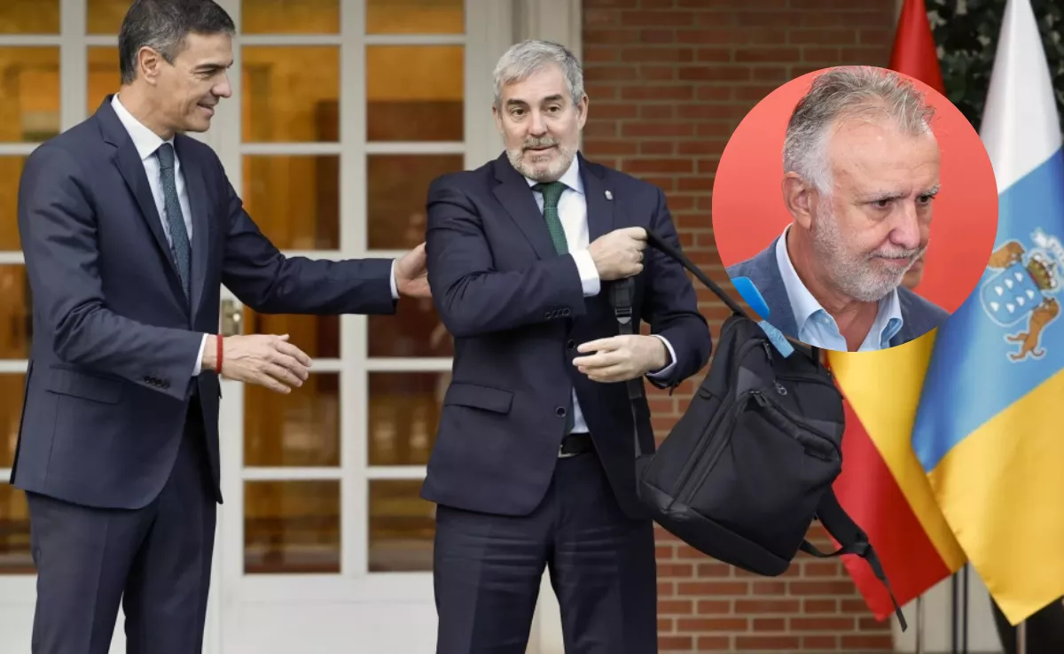 Imagen del presidente del Gobierno de España, Pedro Sánchez, junto al presidente de Canarias, Fernando Clavijo. Al lado una foto del ministro Ángel Víctor Torres. / MONTAJE AH - EFE