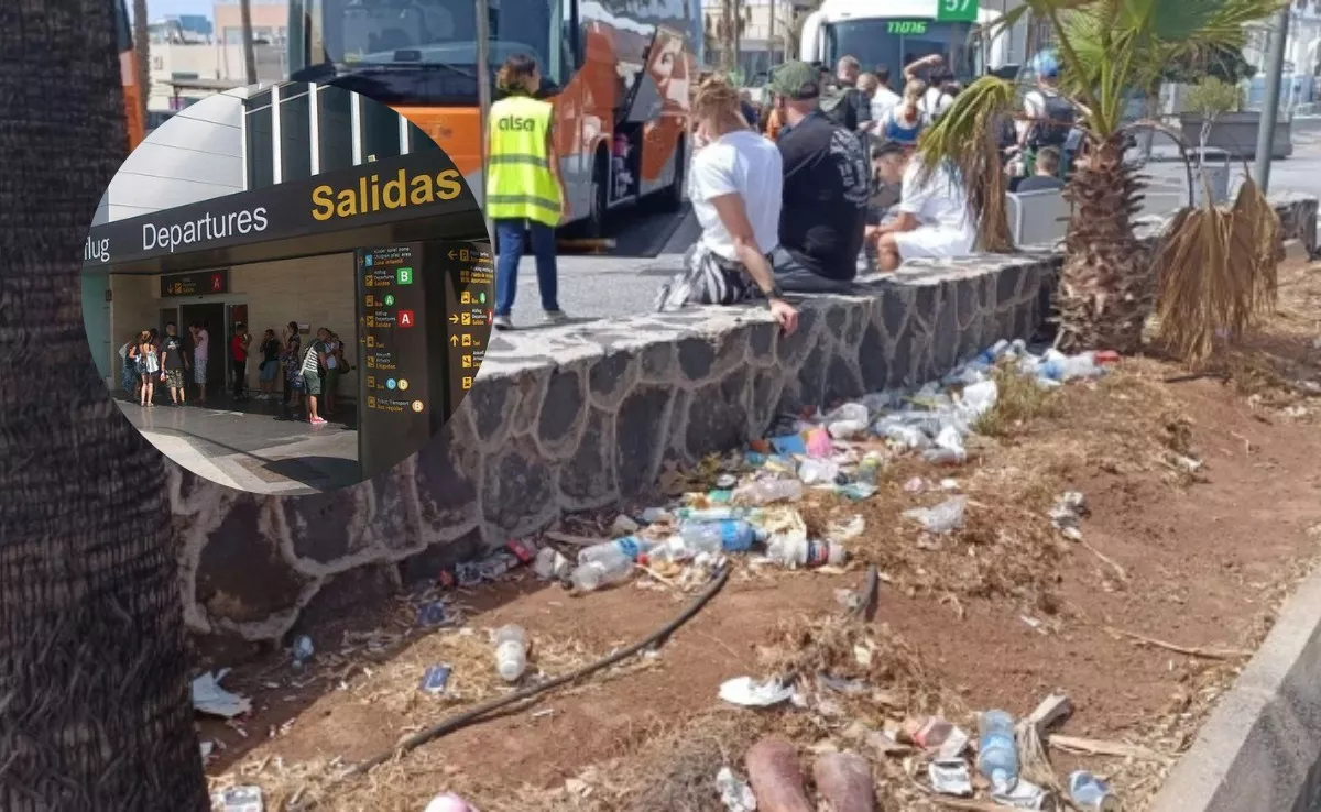 Suciedad en el aeropuerto de Tenerife Sur junto a la entrada a la terminal. / MONTAJE AH