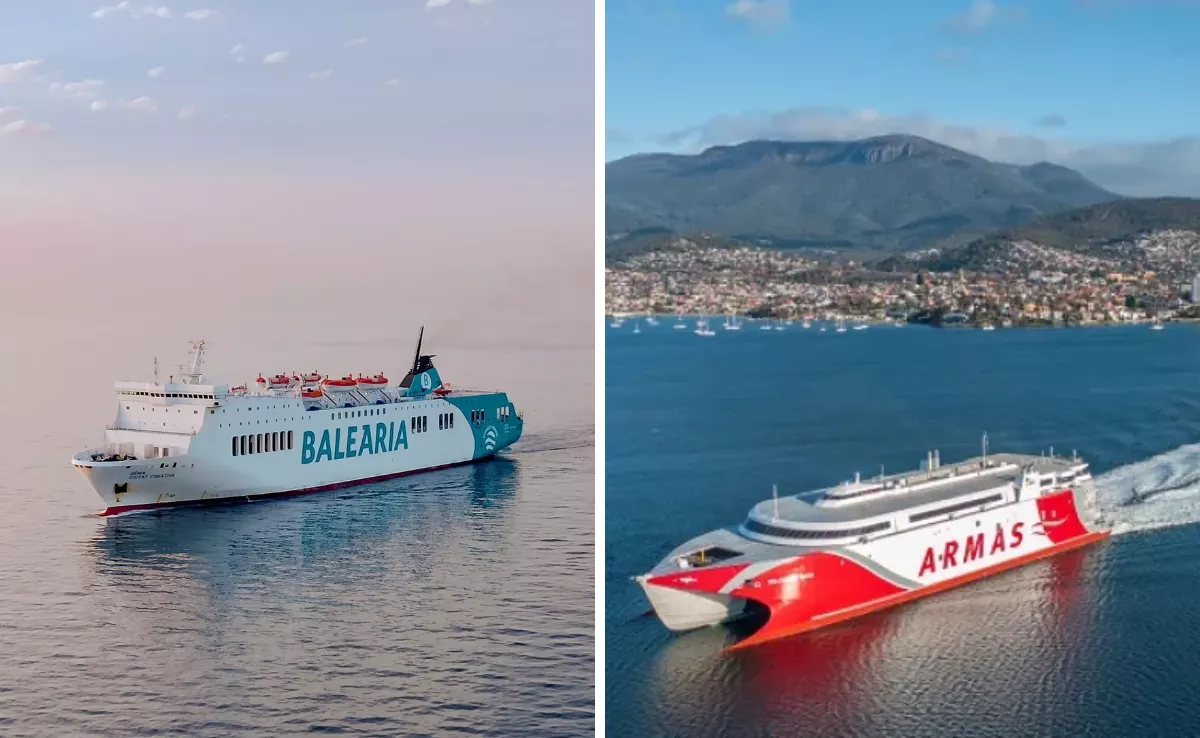 Imagen de un barco de Baleària y otro de Armas / MONTAJE AH