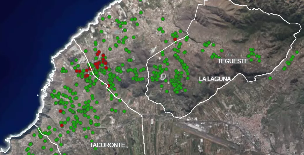 Mapa con las prospecciones de filoxera positivas y negativas en la isla de Tenerife. / GRAFCAN