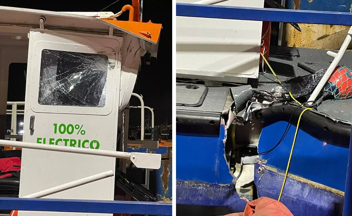 Detalles de los desperfectos causados en la embarcación de Sepcan al ser arrollados por una lancha de la Corporación de Prácticos en el Puerto de Las Palmas. / AH