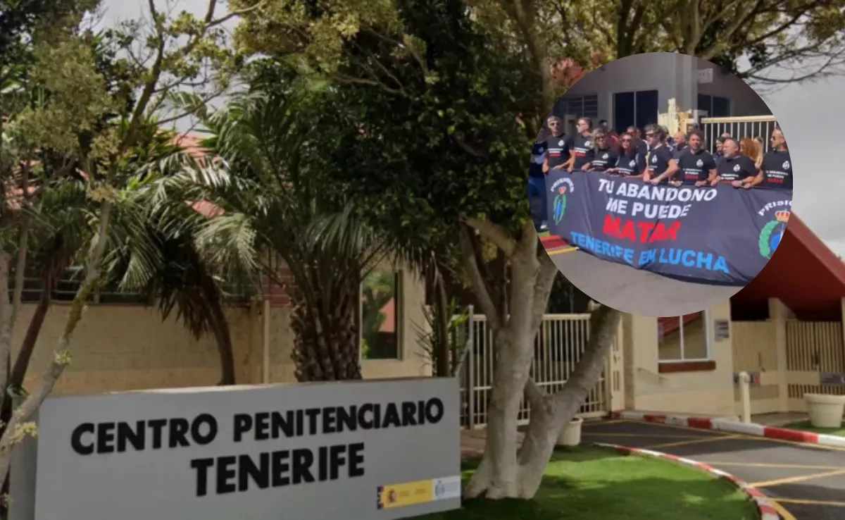 Imagen de la prisión de Tenerife II junto a los trabajadores que se han manifestado. / MONTAJE AH