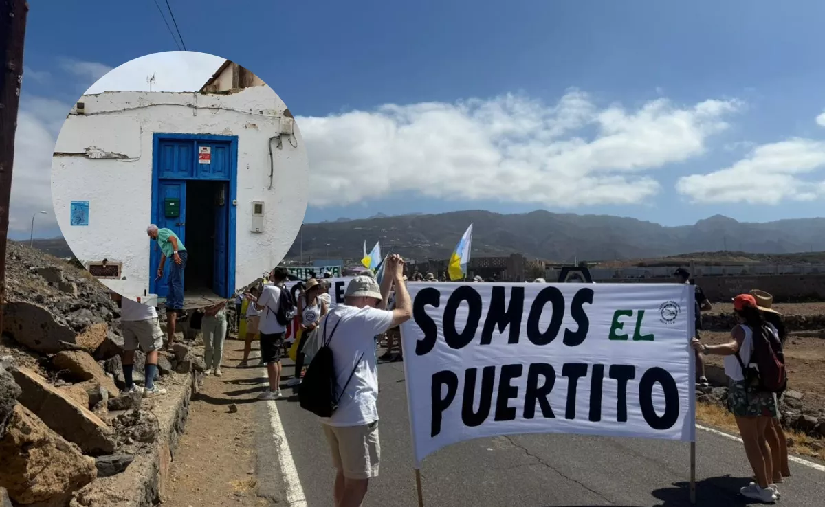 Imagen de la manifestación del Puertito de Adeje junto a una foto de la nave la familia Galindo. / MONTAJE AH
