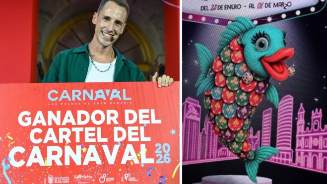 A la izquierda, Néstor Santana, el ganador; a la derecha, el cartelLPA CARNAVAL A la izquierda, Néstor Santana, el ganador; a la derecha, el cartelLPA CARNAVAL