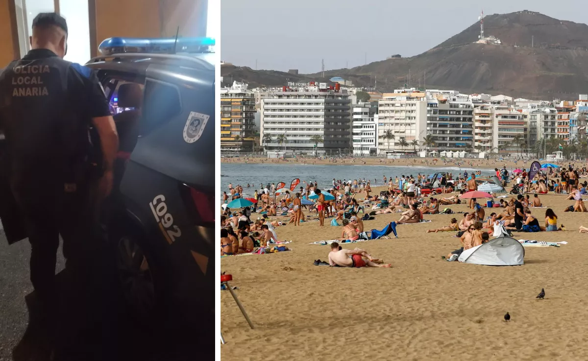 A la izquierda, la unidad que detuvo al presunto autor; a la derecha, la playa de Las Canteras / AH
