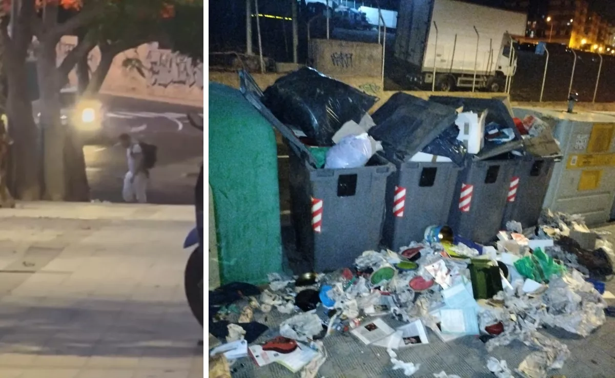 Un hombre destroza la basura de los contenedores de la calle José Crosa de Santa Cruz de Tenerife, poco antes de ser detenido e internado en la unidad psiquiátrica del Hospital de la Candelaria./ AH