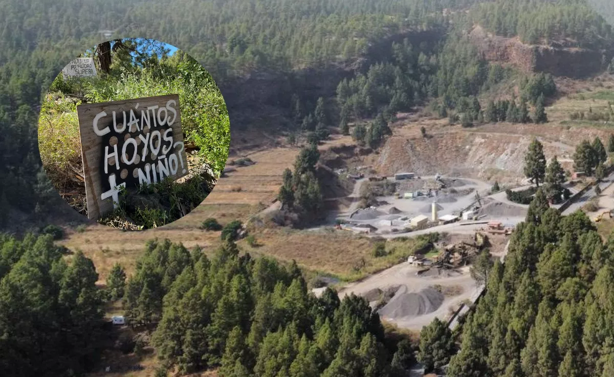 Imagen de la extracción de áridos en El Paso junto a un cartel de protesta vecinal. / MONTAJE AH