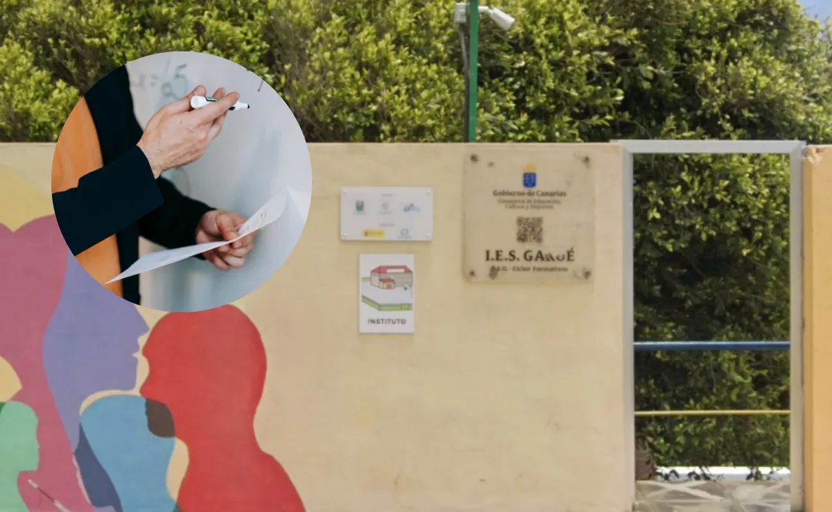 Imagen de un profesor junto al IES Garoé, en El Hierro. / MONTAJE AH