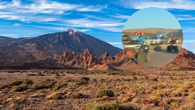 Imagen del Parque Nacional del Teide junto a quads circulando por la zona. / MONTAJE AH