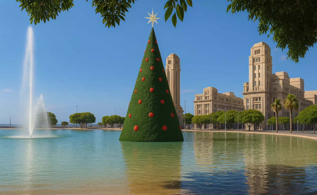 Recreación de la plaza de España de Santa Cruz con un árbol de Navidad de 30 metros./ AH