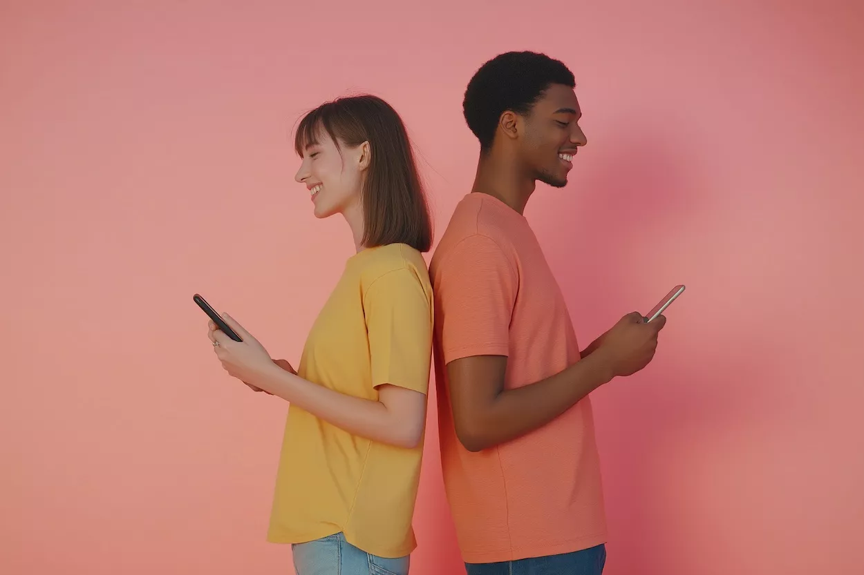 Dos jóvenes chatean con sus móviles