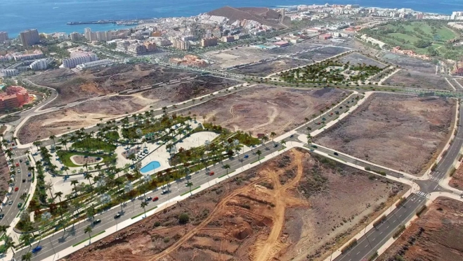 Infografía de los terrenos de El Mojón, en Arona, con dos parques actualmente en construcción. /Archivo