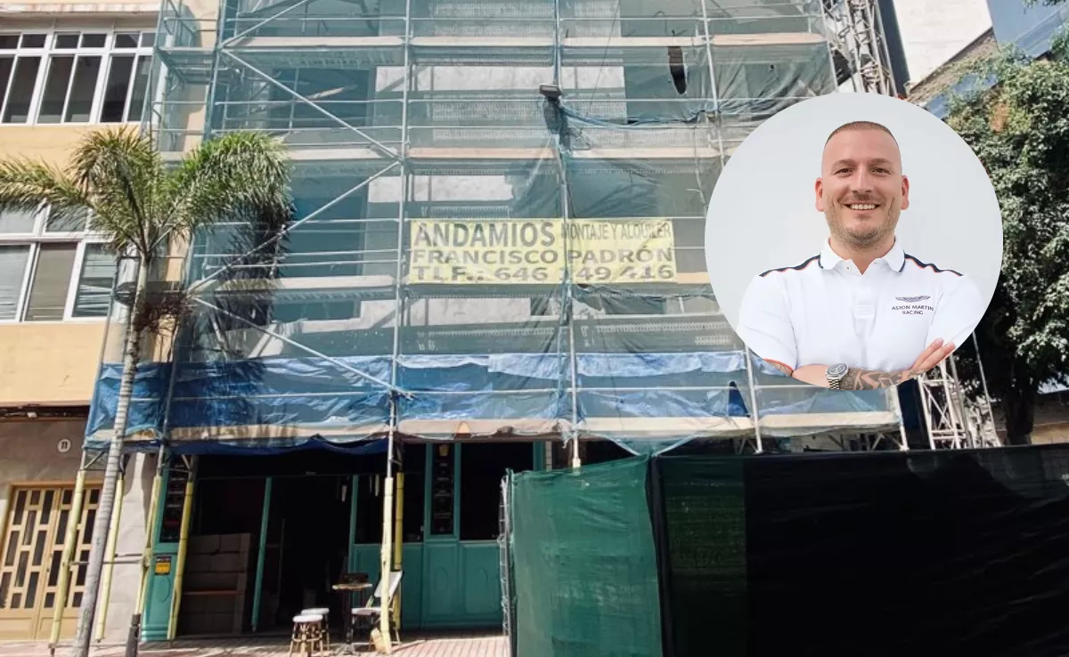 La fachada del futuro hotel, con la imagen del CEO de Cientouno Group, Feliks Kasmi, promotor de la reforma. Debajo, la vermutería La Valentina. / AH