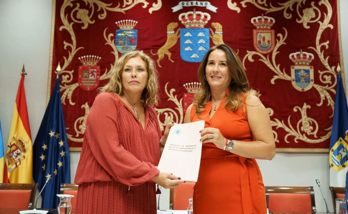 La vicepresidenta de la Federación Canaria de Islas (FECAI), Lola García hace entrega de la propuesta de ley de Cabildos Insulares a la presidenta del Parlamento de Canarias, Astrid Pérez. /EFE