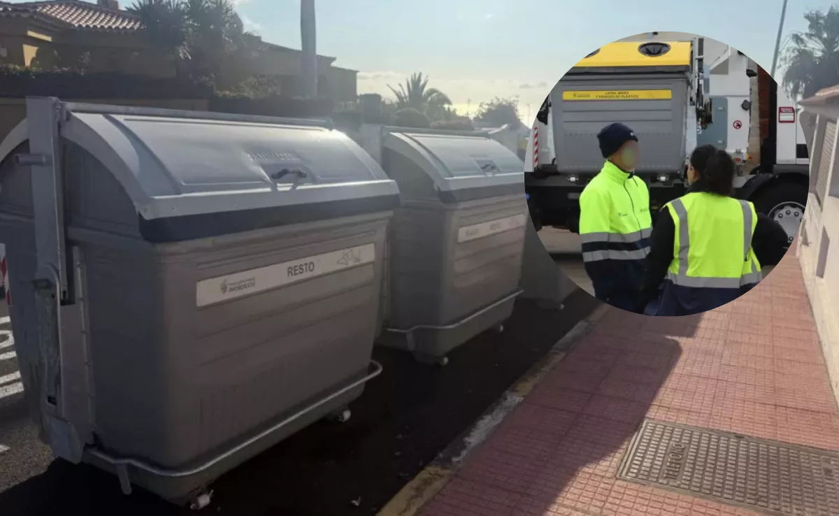 Contenedores de limpieza de la Mancomunidad del Nordeste e imagen de dos trabajadores. / MONTAJE AH