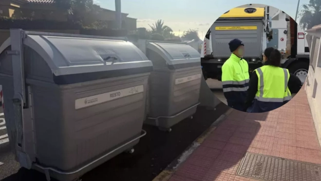 Contenedores de limpieza de la Mancomunidad del Nordeste e imagen de dos trabajadores. / MONTAJE AH Contenedores de limpieza de la Mancomunidad del Nordeste e imagen de dos trabajadores. / MONTAJE AH