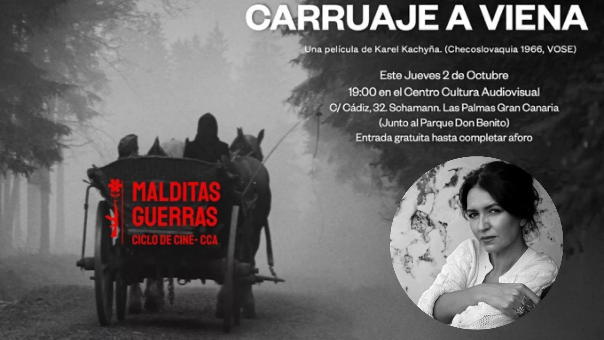 Cartel de la proyección de 'Carruaje a Viena' con una foto de la directora Dácil Manrique de Lara Millares. / MONTAJE AH-CEDIDAS