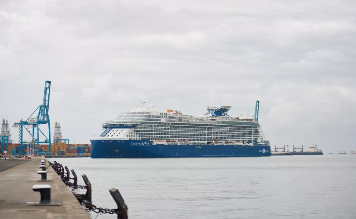 El crucero 'Celebrity Apex', tras atracar en el Muelle de Santa Catalina. El buque es el primero en llegar a la nueva terminal, que sigue en obras. / AH