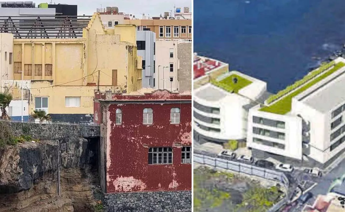 A la izquierda, detrás de la casa Roja, el viejo Cine Litoral. A la derecha, infografía del edificio que se levantará en la parcela. / AH 