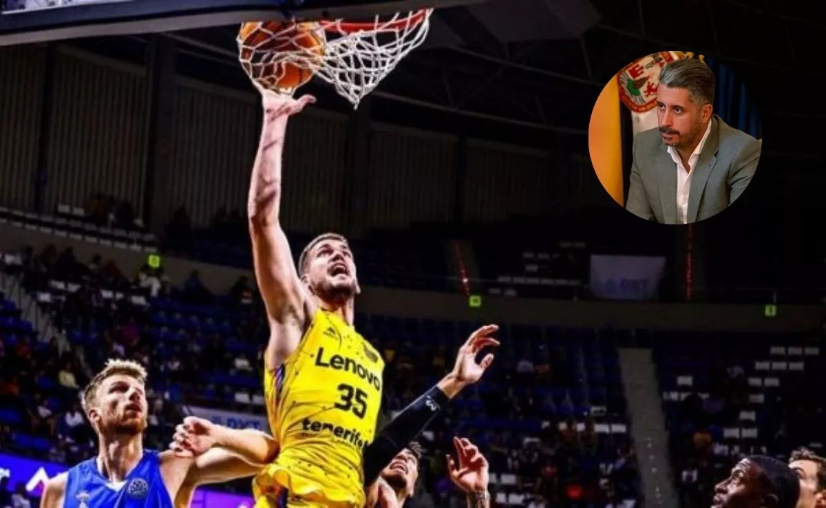 Alcalde de La Laguna, Luis Yeray Gutiérrez, sobre Partido del CB Canarias contra el israelí Bnei Herzliya en 2022 en el Santiago Martín./ BCL