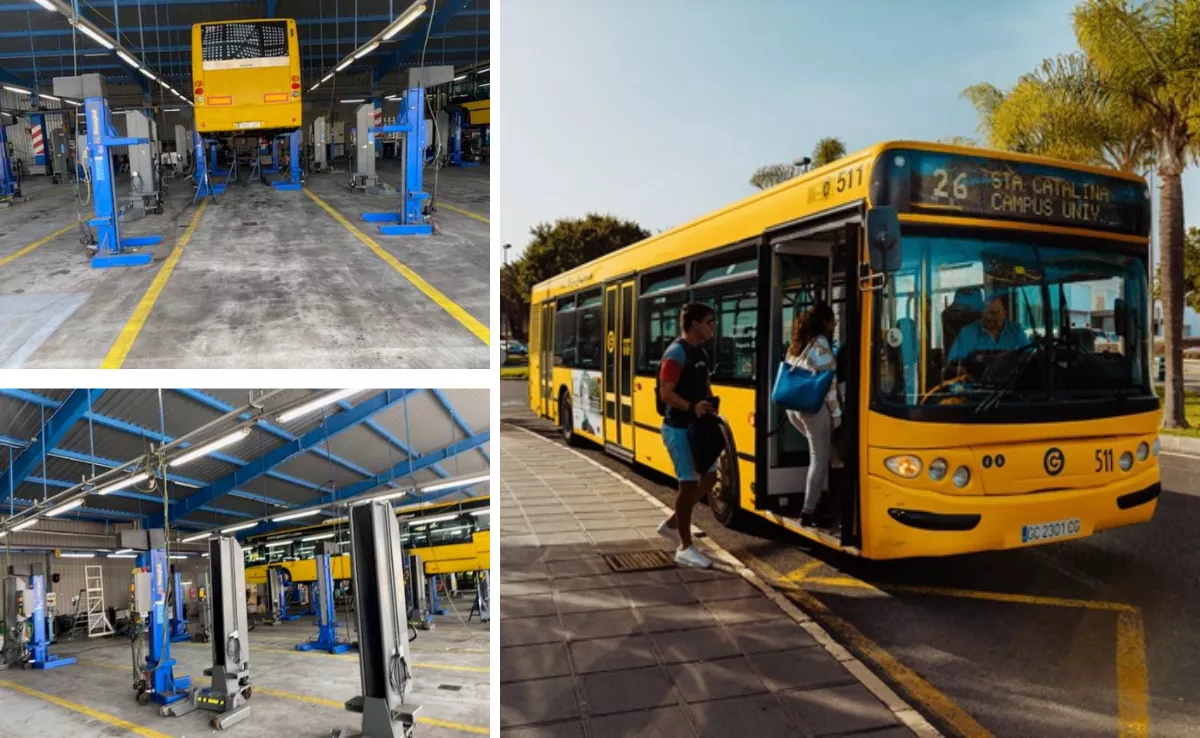 a la izquierda, imágenes del taller; a la derecha, una línea de Guaguas Municipales / AH