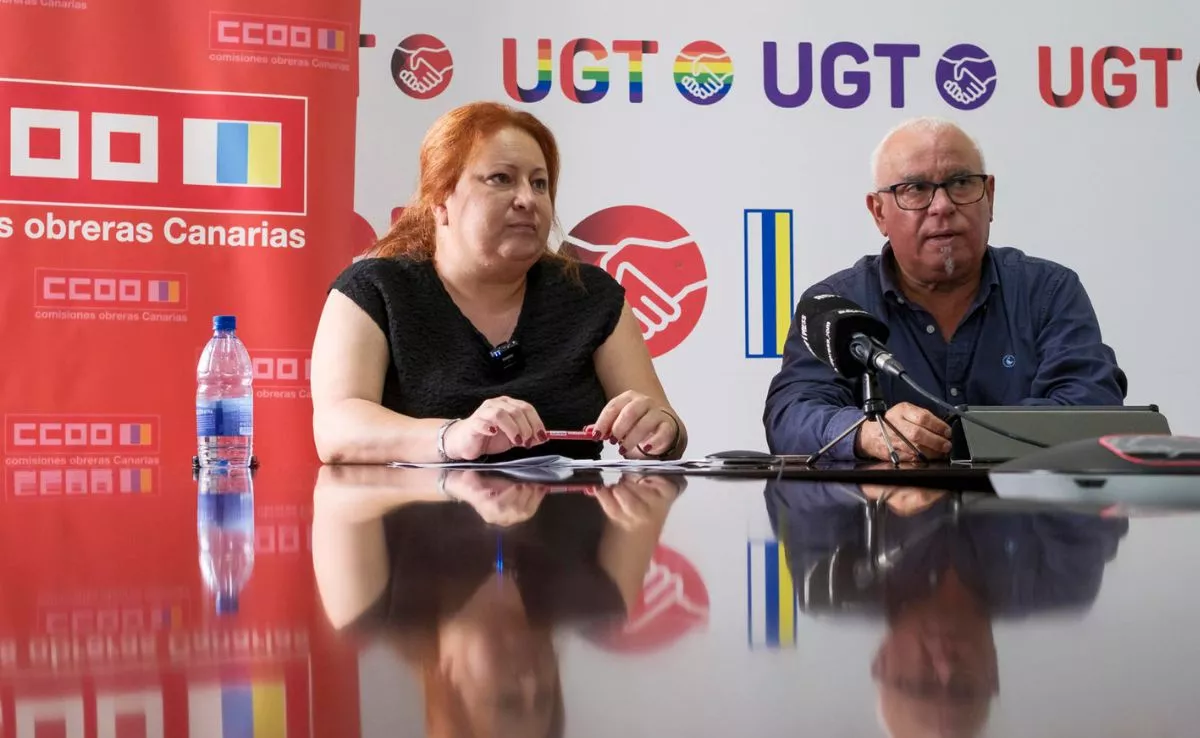 CCOO y UGT durante rueda de prensa hablando de huelga por Palestina|EFE