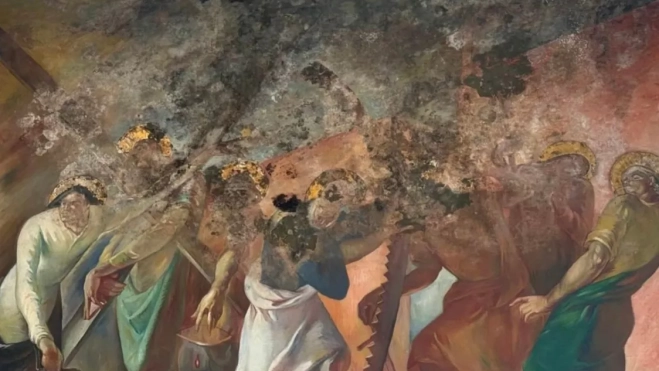 El Cabildo detecta hongos y daños por humedad en los murales de la ermita del Pueblo Canario. / AH El Cabildo detecta hongos y daños por humedad en los murales de la ermita del Pueblo Canario. / AH